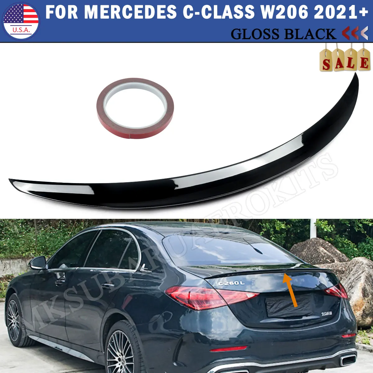 Image of AMG Style glänzend schwarze Kofferraumspoilerlippe für 2021–2023 Mercedes Benz W206 C300 Heckspoilerflügel Magickit