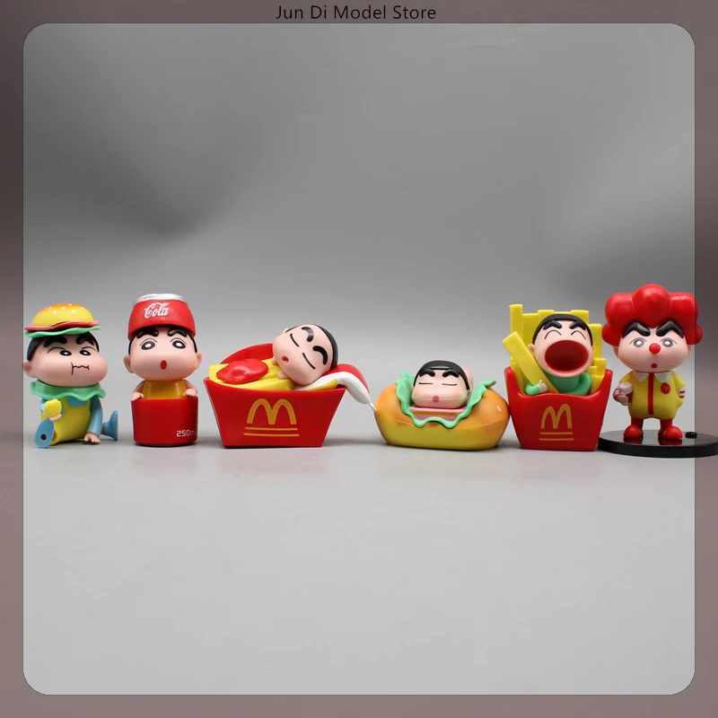 

6pcs 8cm Crayon Shin Chan Cosplay Hamburger Fries Hamburger Anime Figure Model Statue Collection Desktop Decoration Ornament Toy