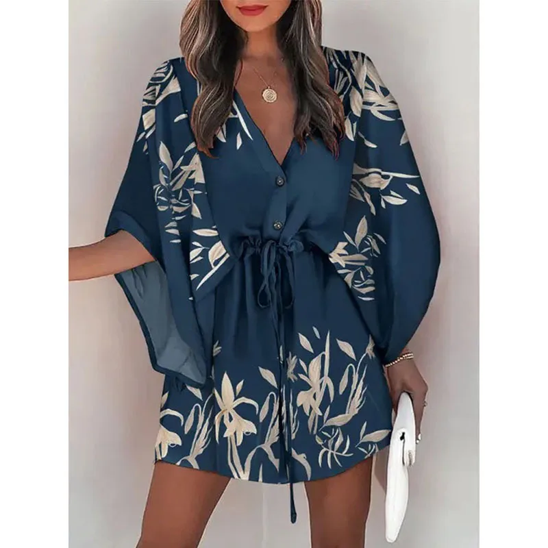 

Comfortable Women's Dress New Summer Women's Flying Sleeves V-neck Lace Up Fashionable Printed Beach