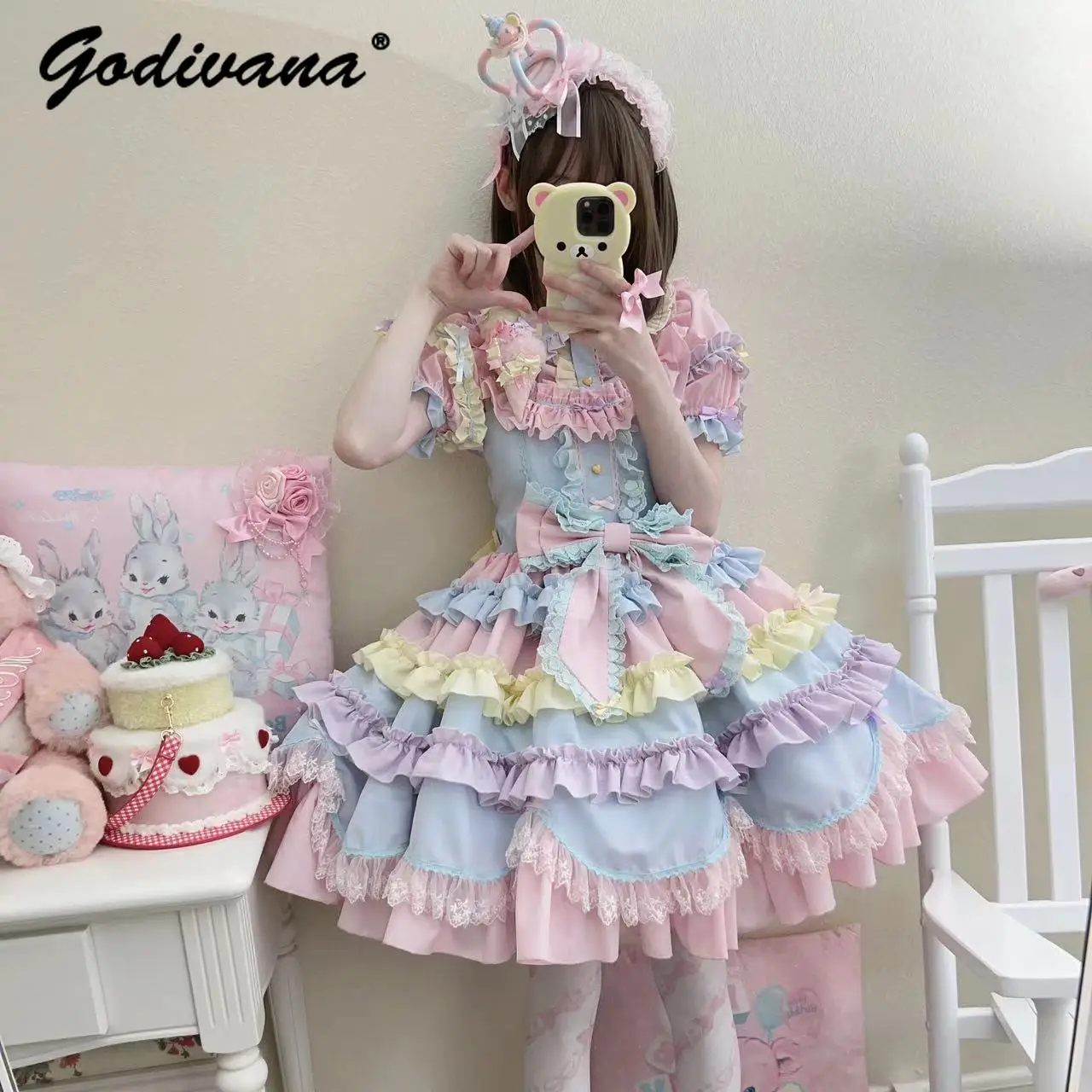 

Original Dopamine Rainbow Color Dress Sets Lolita Women Sweet Cute Short Sleeve Shirt Tops Bow JSK Dress Girly Summer Outfits