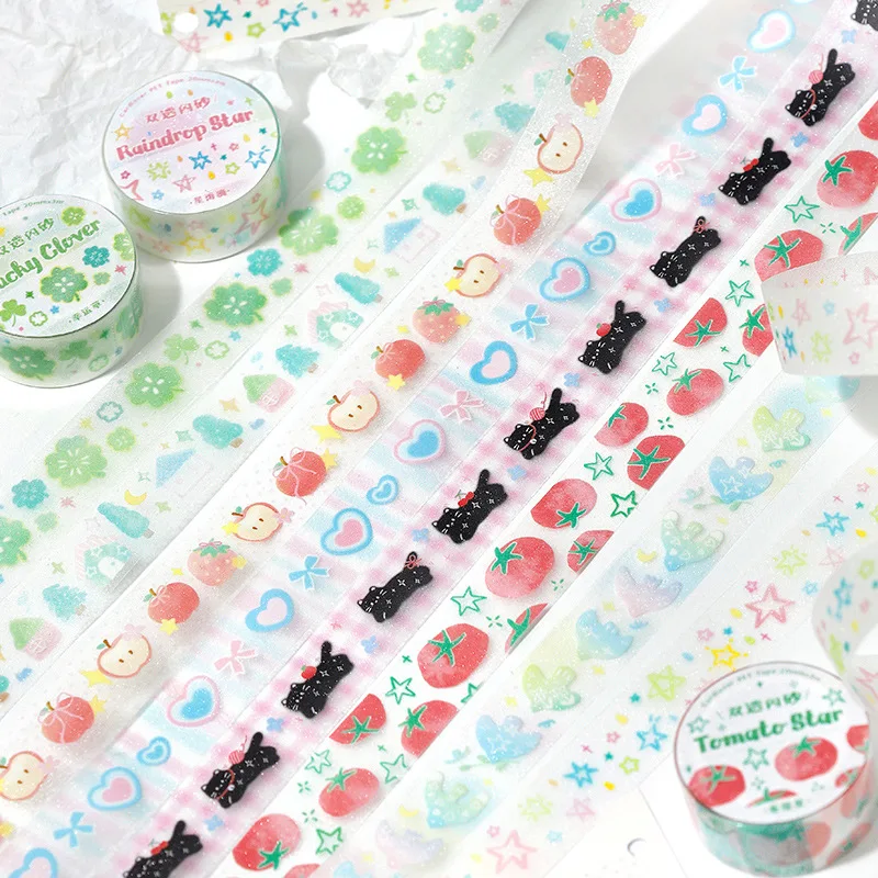 Ins Cute Cat Tomato Tape Flash Sand Hand Account Decorative Tape Collage Planner DIY School Stationary Stickers