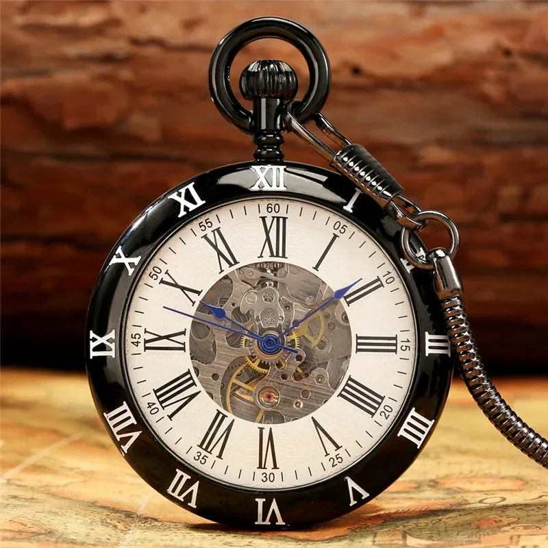 

Luxury Open Face Pocket Watch Men Skeleton Automatic Mechanical Watches Roman Number Display Clock with Fob Pendant Chain Gift