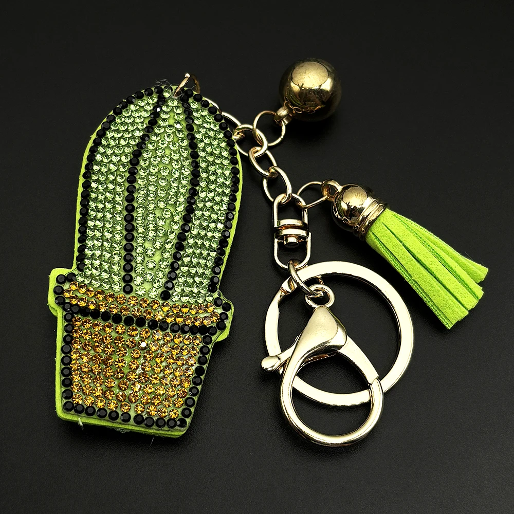 Kawaii Grün Kaktus Kristall Strass Schlüsselring Für Frauen Männer Geldbörse Tasche Charme Hängen Weibliche Nette Schlüssel Halter Tasche Charme Luxus