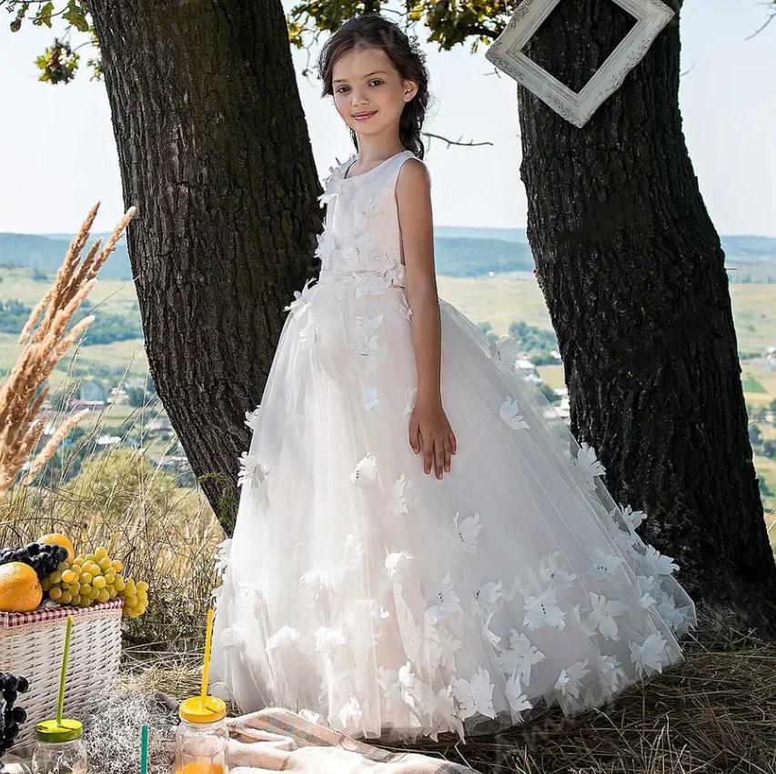 A-Line Girls Birthday Dress 3D Butterflies Princess Flower Girl Dress Floor Length Tulle Gown New Photoshoot