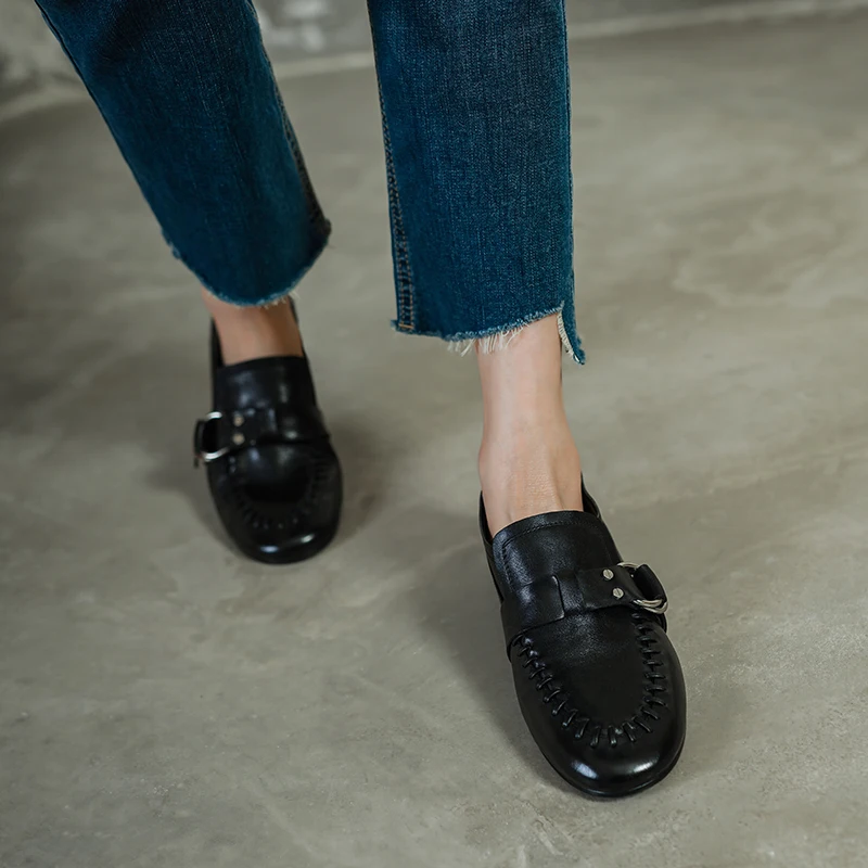 Ladies Shoes Slip On Simple Fashion Girls Cozy Sneakers Spring Autumn Woman Flats Cowhide Flats Handmade Vintage Footwear