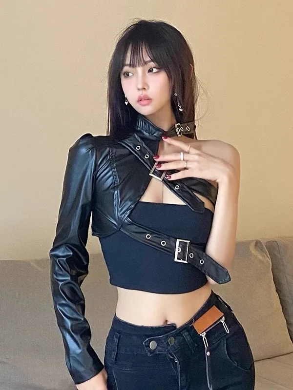 Cisas tema Cool Street Sle motocicleta danza cuero Jaet mujer alta Faion ort PU abrigo de cuero diseño asimétrico