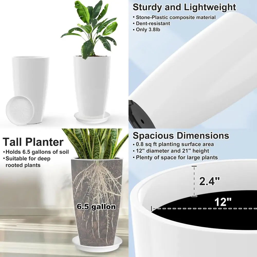 

Indoor-Outdoor Tall Ceramic Flower Pot with Drain, White Glossy Planter, Elegant 12 Diameter, 21 Tall for Indoor and Outdoor Use