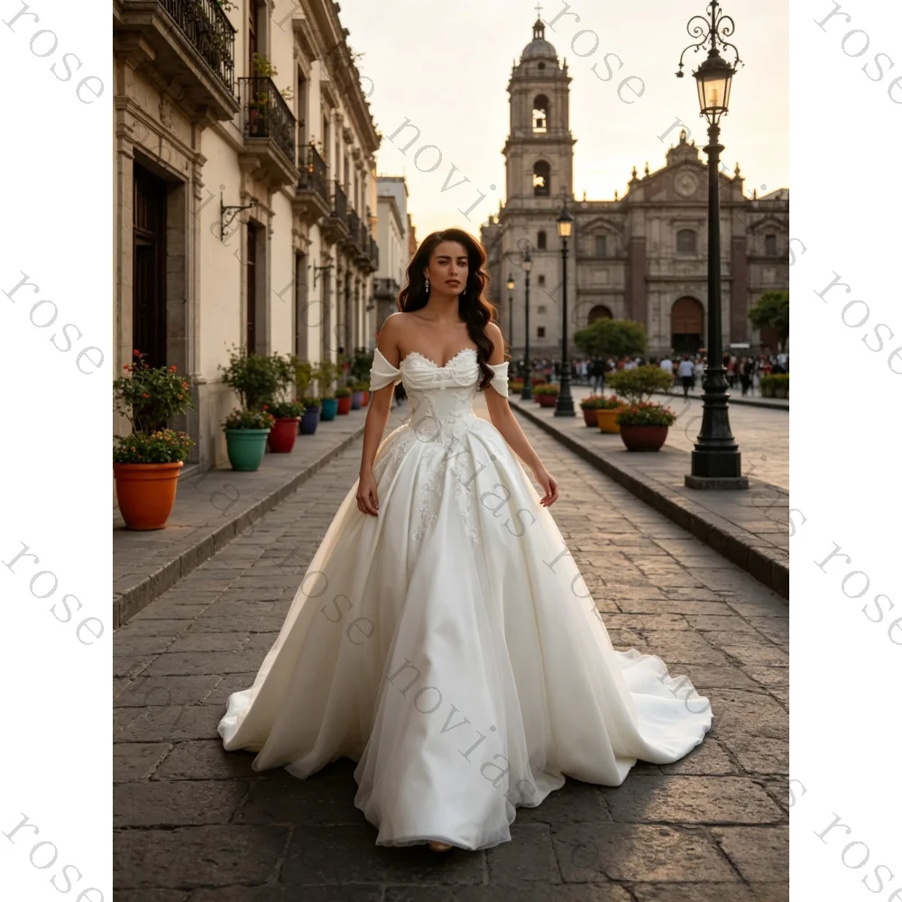 Customized Romantic Ball Gown Wedding Dress Off Shoulder Sweetheart Chapel Train Pearl Floral Lace Heavy Gloss Satin Bridal Gown