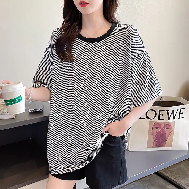 

Women's Clothing Loose Short Sleeve T-shirt Stylish Printed Summer New Korean Round Neck Spliced All-match Young Style Pullovers