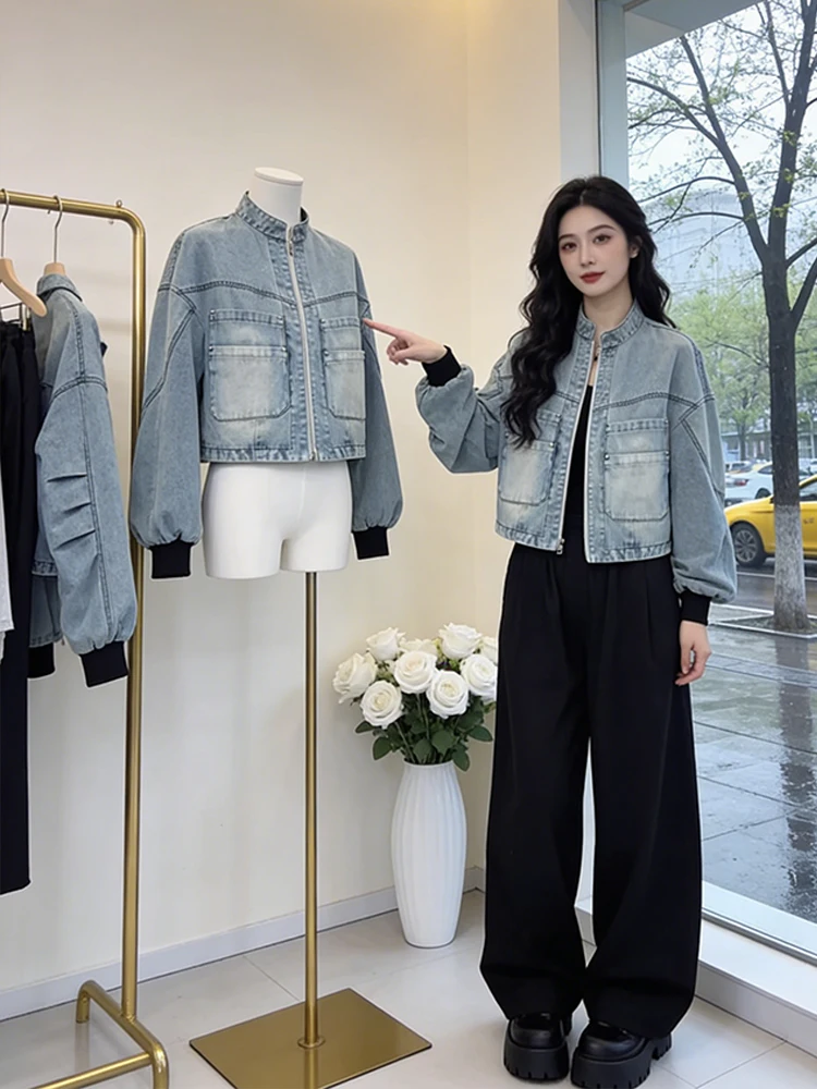 

Корейская джинсовая куртка с воротником-стойкой для женщин, весенне-осенняя, модная, универсальная, антивозрастная, женская куртка