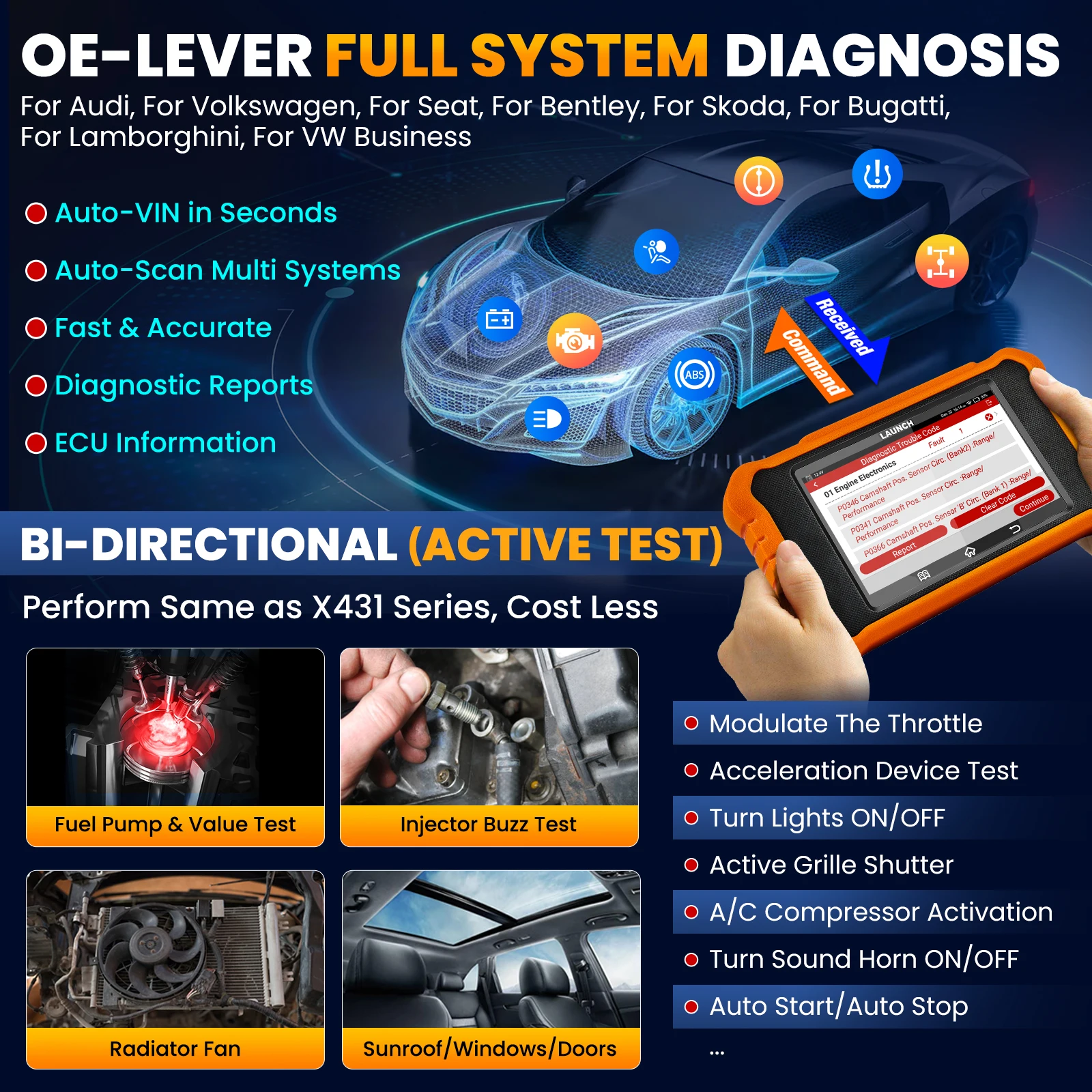 LAUNCH X431 Elite 2.0 OBD2 Scanner Full Systems Car Scan Diagnostic Tool Auto Scan Active Test Free Update for Audi Series