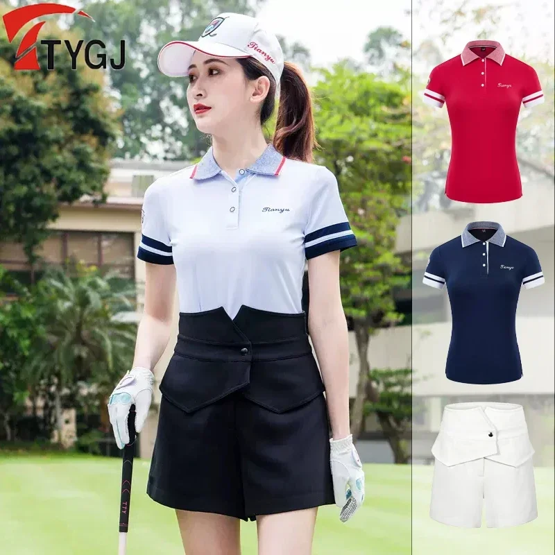 TTYGJ Women Short Sleeve Golf Polo Shirts Patchwork Slim Tops Summer Girls Breathable Thin Shorts Slim High Waist Golf Shorts