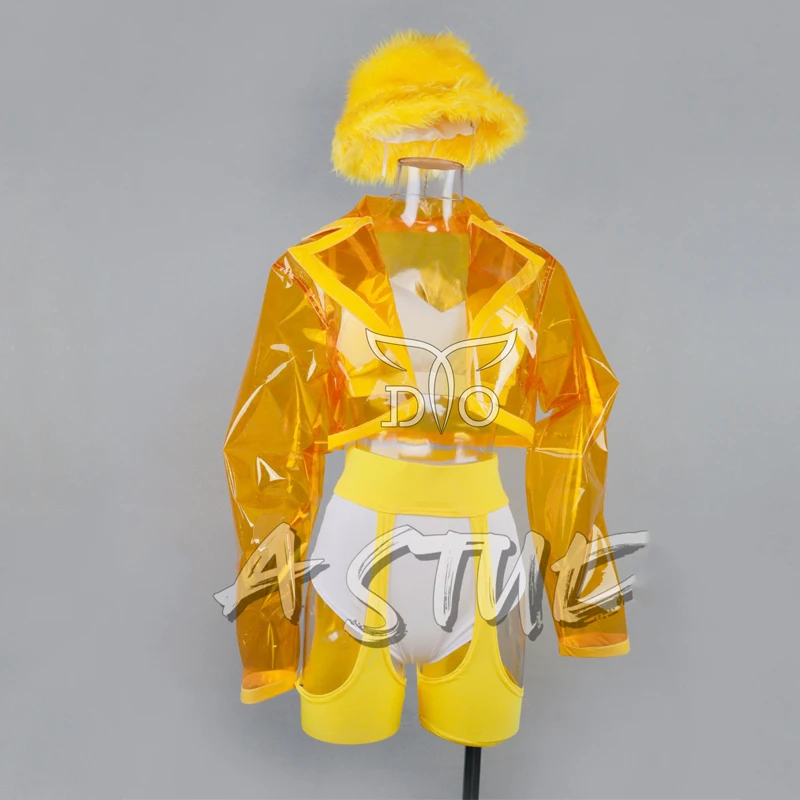 Yellow Transparent Coat Sexy Pole Dance Clothing Women Gogo Costumes Stage Jazz Outfits Bar Nightclub Dj Ds Rave Wear XS7817