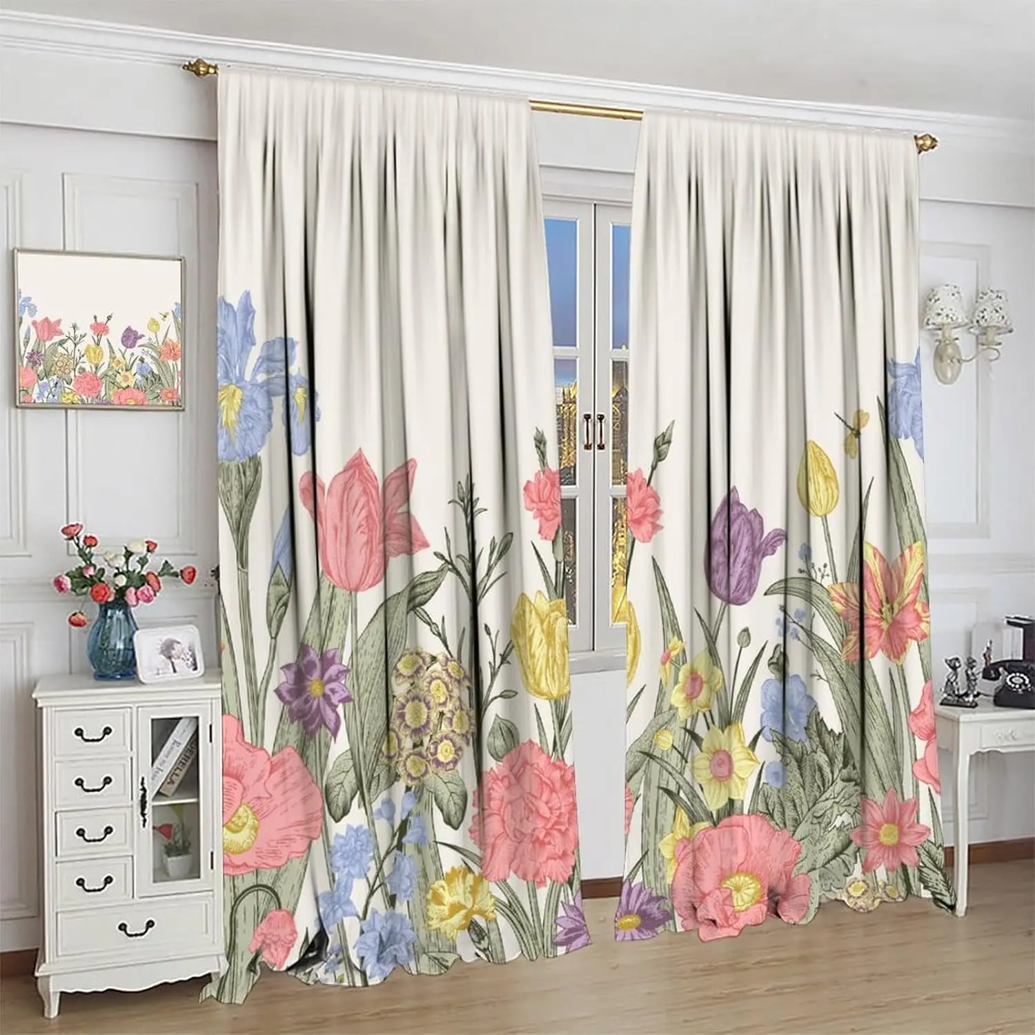 Rustic Flower Windows Curtains,Retro Floral Colorful Plants Herbs Women Wildflower Natural Print Window Drapes 2 Panel Sets