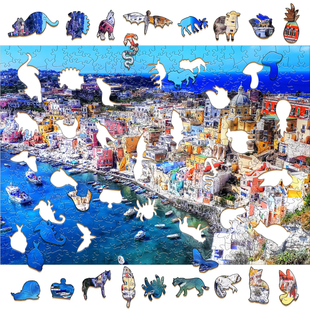 Procida Island Wooden Jigsaw Puzzle para crianças, Jogos Montessori, Caixas Secretas, Brinquedos Cenário para Crianças, Atacado