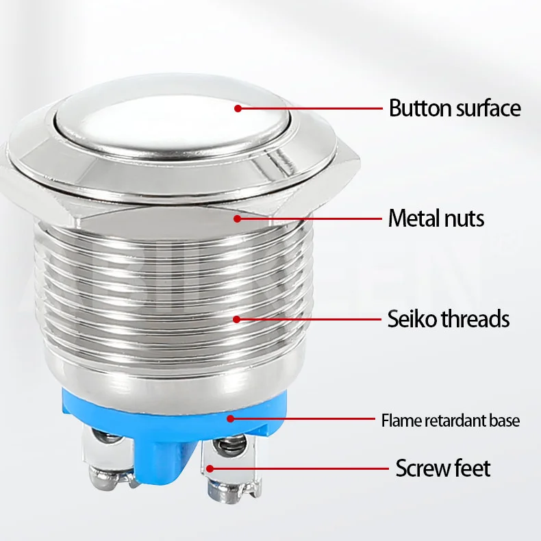ABILKEEN 19MM Metal Push Button Switch 1NO Momentary Push Button Flat/Convex Surface 3-250VAC 3A Push Button with 2Pin Terminal