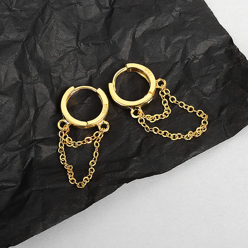 2023 New Silver Color Double Layer Chain Tassel Hoop Earrings For Women Men INS Popular Cold Style Drop Earring Fashion Jewelry