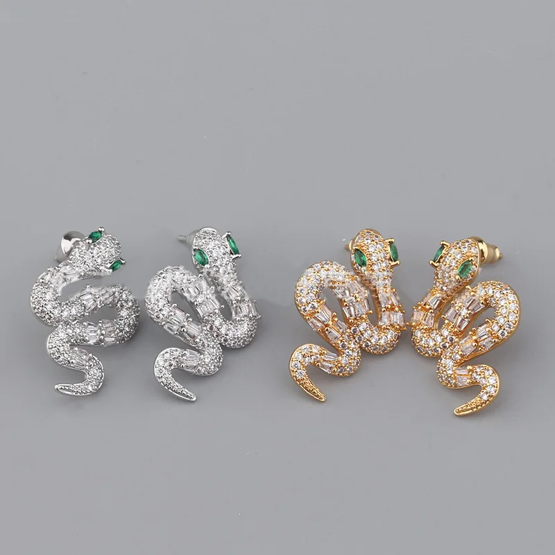 Europe America Fashion Style Women Lady Plated Gold Color Inlaid Full Cubic Zircon Curved Snake Snakelike Stud Earrings