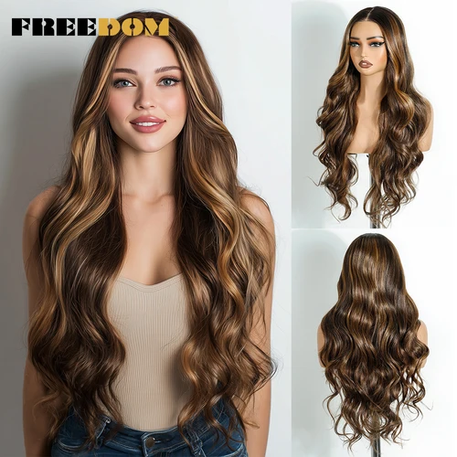 Pelucas delanteras de encaje sintético FREEDOM Body Wave para mujer, peluca sin pegamento de 6 ""x 4"", pelucas de encaje precortadas de color marrón ombré