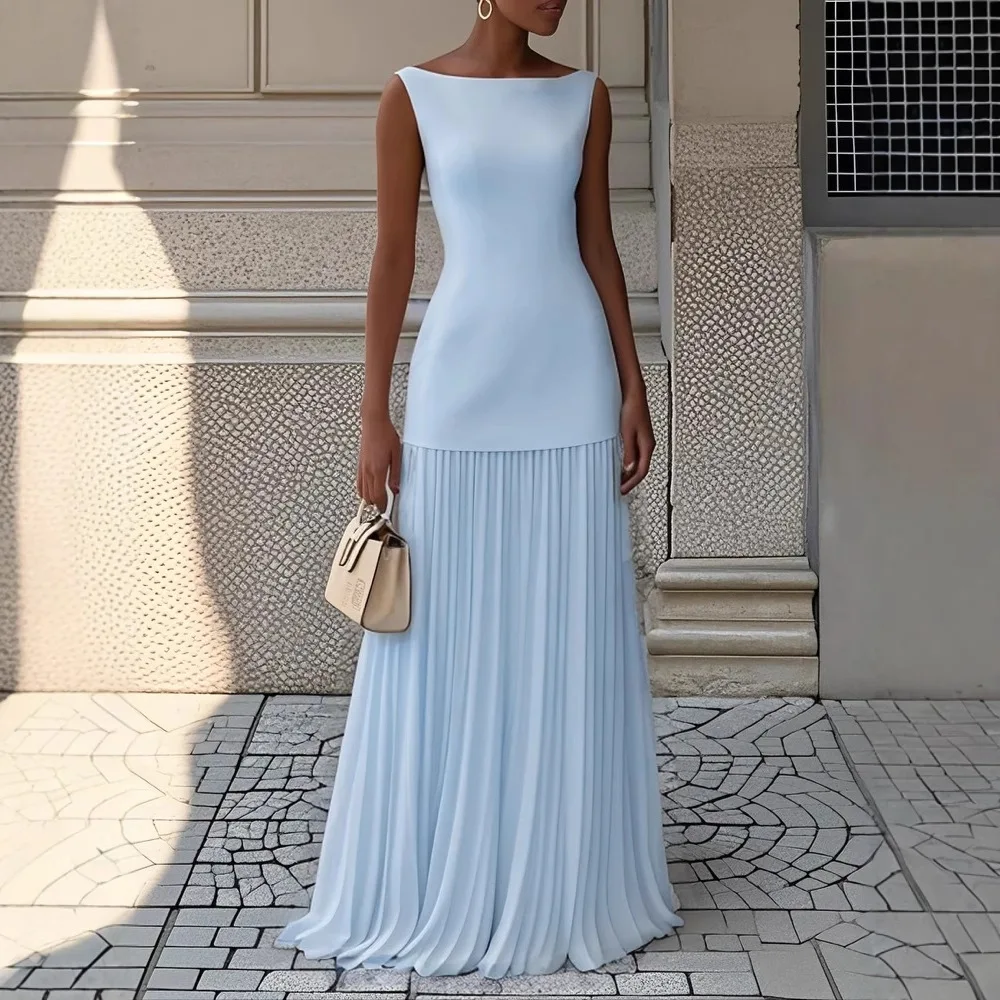 

Chic Sexy Crew Neck Solid 2pcs Sets Spring Back Zipper Top+Pleated Maxi Skirt Woman Summer Sleeveless Hollow Office Suit Outfits