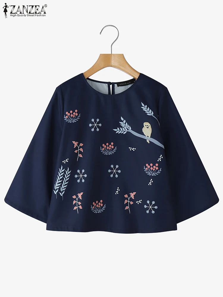 

ZANZEA Vintage Floral Tops 3/4 Sleeve Blouse 2025 Elegant Ladies Blusas Women Casual O Neck Pullovers Loose Flare Sleeve Tunic