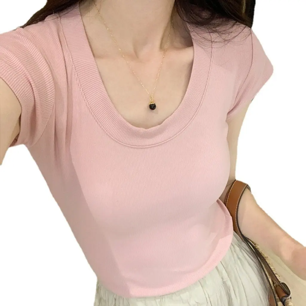 

Women's Slim Fit Short-Sleeved T-Shirt Real Shot Right Shoulder Design Summer Basic Pure Color U-Neck Top for Inner Layering