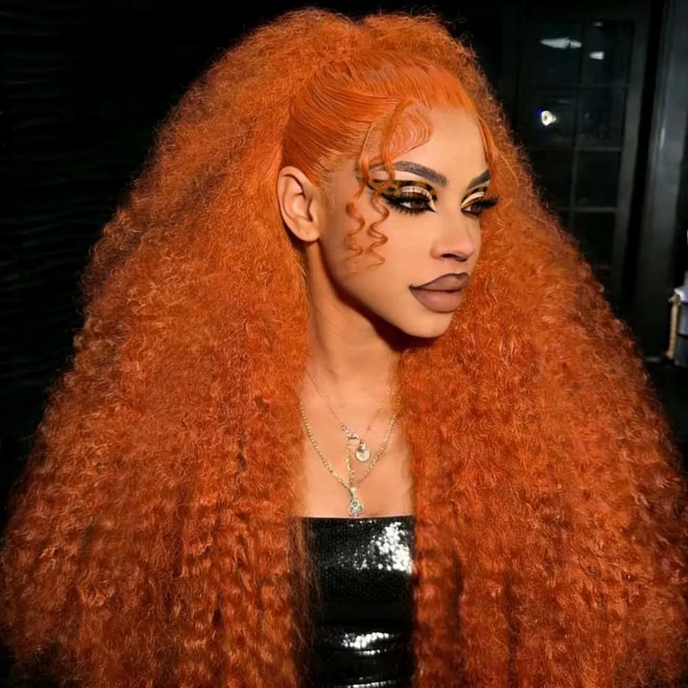 

Парик с кружевной передней частью из натуральных волос Ginger Orange Kinky Curly, плотность 200%, 13x4 HD прозрачный кружевной парик для женщин