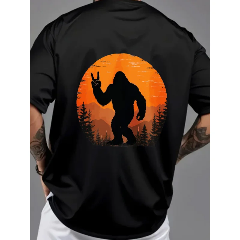 تي شيرت رجالي أسود Bigfoot Silhouette Sunset Forest Print قطن عالي الجودة 180 جرام