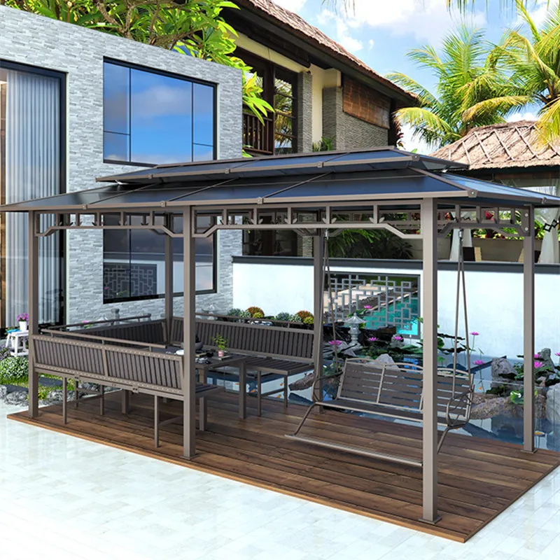 Rectangle Galvanized steel PC Hardtop Sun Room Pavilion Outdoor Gazebo Patio pergola Carage Shelter with 3 seater swing chairs