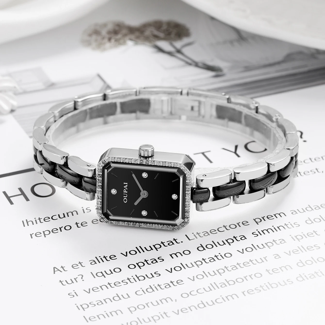 Oupai relógio retangular feminino pulseira de quartzo moda e corrente simples relógio de pulso feminino compacto e requintado à prova d'água