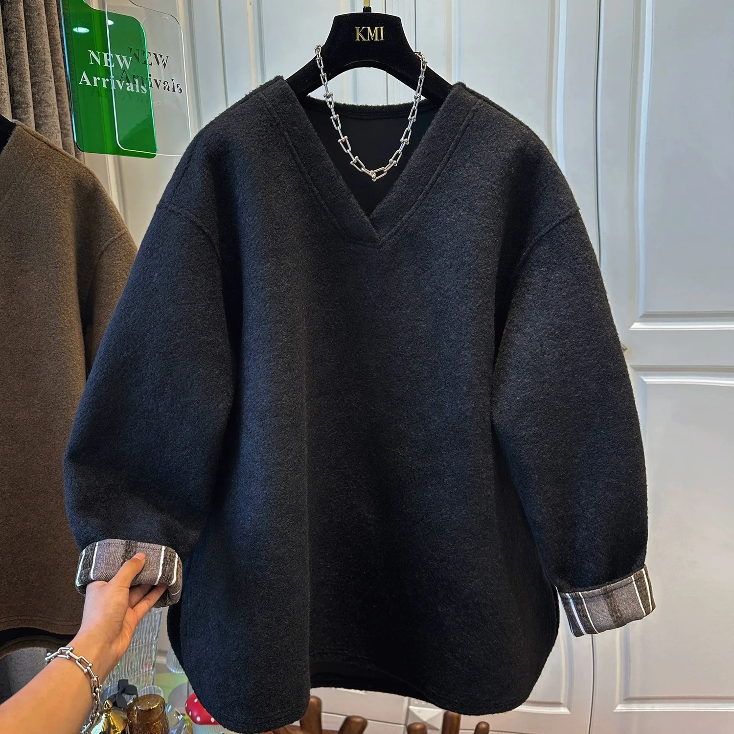 

Утепленный шерстяной худи женский зимний больших размеров, свободный крой, высококачественный шерстяной топ с V-образным вырезом, пуловер-свитшот