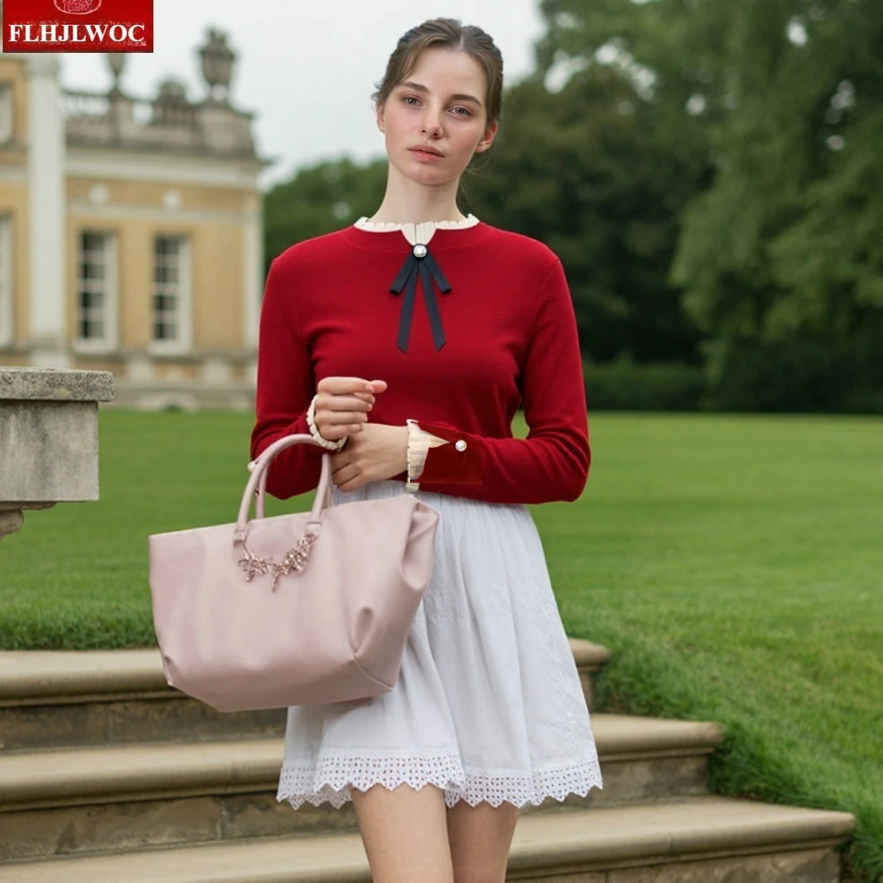 

Рождественские красные вязаные рубашки с воротником-стойкой в стиле ретро, рубашки с оборками, зимние женские милые вязаные пуловеры в японском стиле для девочек, свитера