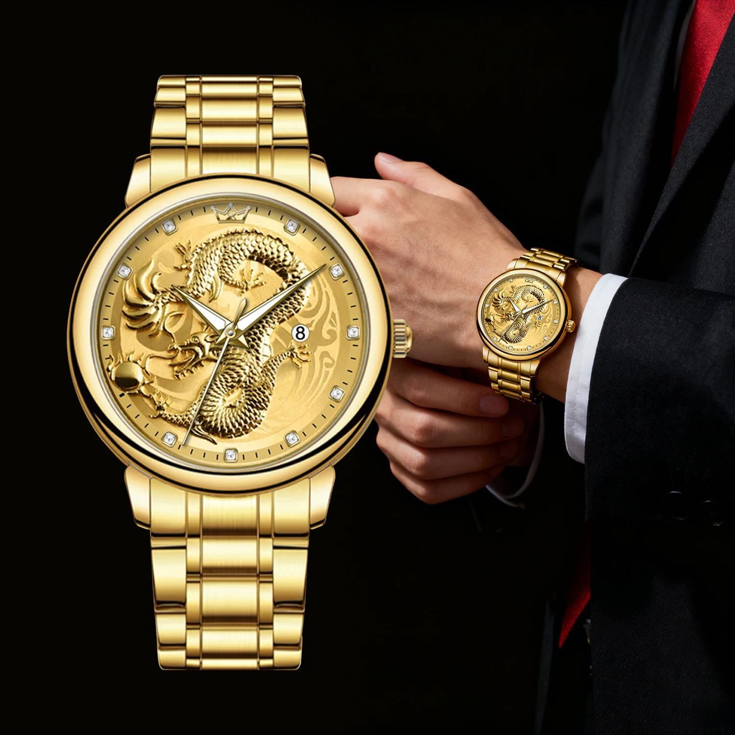 

Мужские кварцевые часы, ремешок из нержавеющей стали, деловая повседневная одежда, золотистые часы