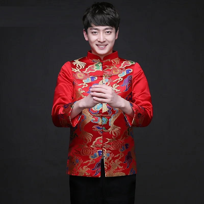 

Traditional Chinese Clothing Tops Dragon Men 's Dress Groom Cheongsam Tang Suit Wedding Jacket Vintage Red