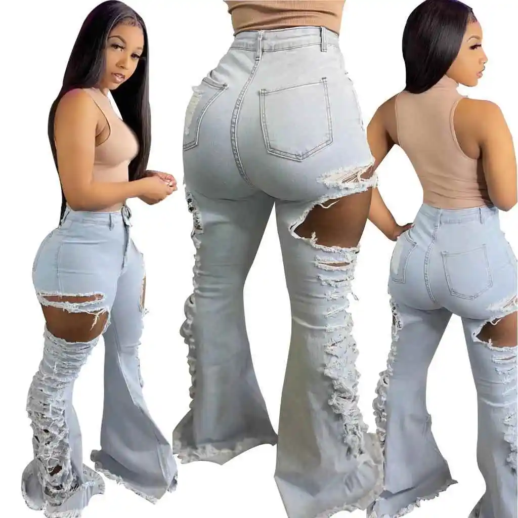 Faionable taille haute cloche Bot jean trou élastique Personali Match tout coton polyester mélange mi extensible pour moyen âge...