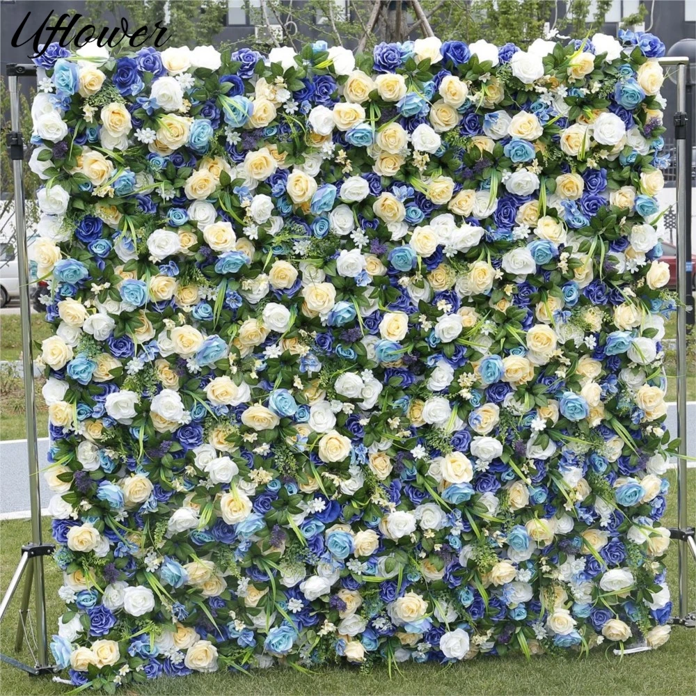 

Uflower Yellow Blue Rose Greenery Artificial Flower Walls Wedding Backdrop Fabric Hanging Curtain Window Display Party Props