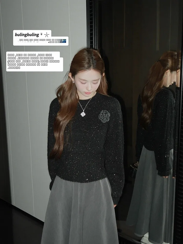 

Sparkling Sequin Knit Sweater Women's Outerwear Bla Fall Winter High-End Feeling Commute Sle Long Sve round Ne Sweater