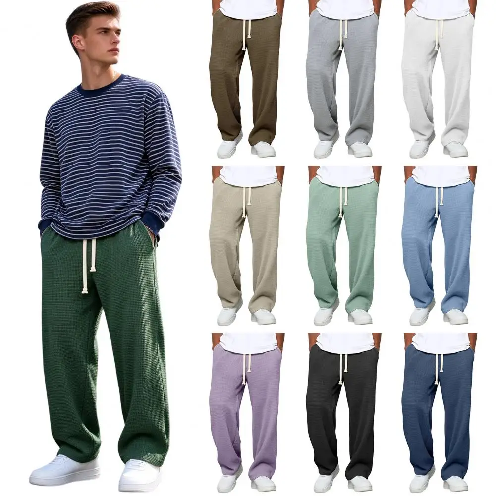 Loose Fit Men Trousers Modern Minimalist Men Trousers Men's Waffle Baggy Trousers Wide Leg Drawstring Waist Slacks for Travel