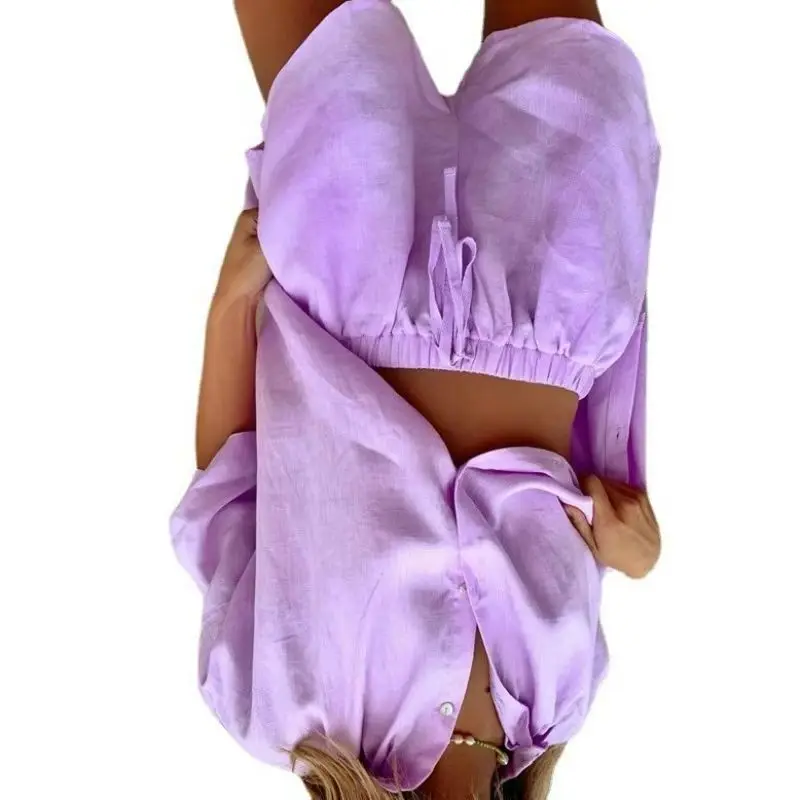 Europe, America New Women's Clothing Solid Color Single-breasted Short-sleeved Shirt Two-piece Set Wide-leg Pants Lace-up Shorts