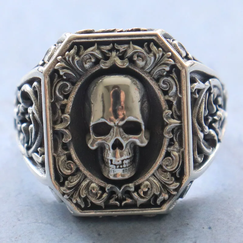 18g Royal Vintage Skull Rococo Pattern Signet Mens Rings Customized 925 SOLID STERLING SILVER Many Sizes 6-13