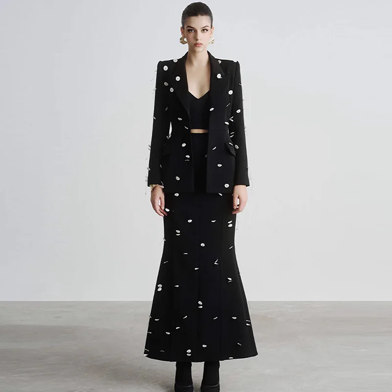 Hit Color Two Piece Set For Women Notched Collar Long Sleeve Blazer High Waist Slim Skirt Spliced Dot Sets Female