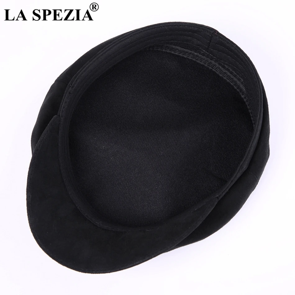 LA SPEZIA Genuine Leather Cap Men Newsboy Military Hats Vintage Women Brand Caps Black Classic Flat Hats Luxury Italian Brand