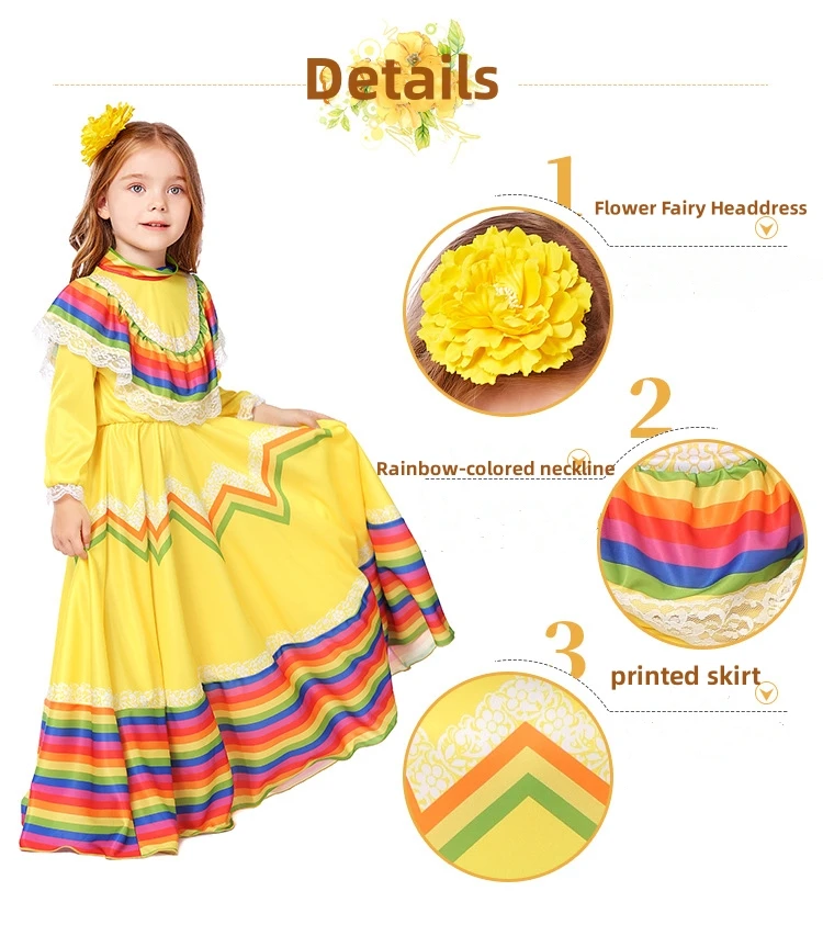 IOOTIANY Traditionelles mexikanisches Volkstanzkostüm für Kinder, Cosplay im mexikanischen Stil, langes Bühnenkostüm 2026 – Detail 4