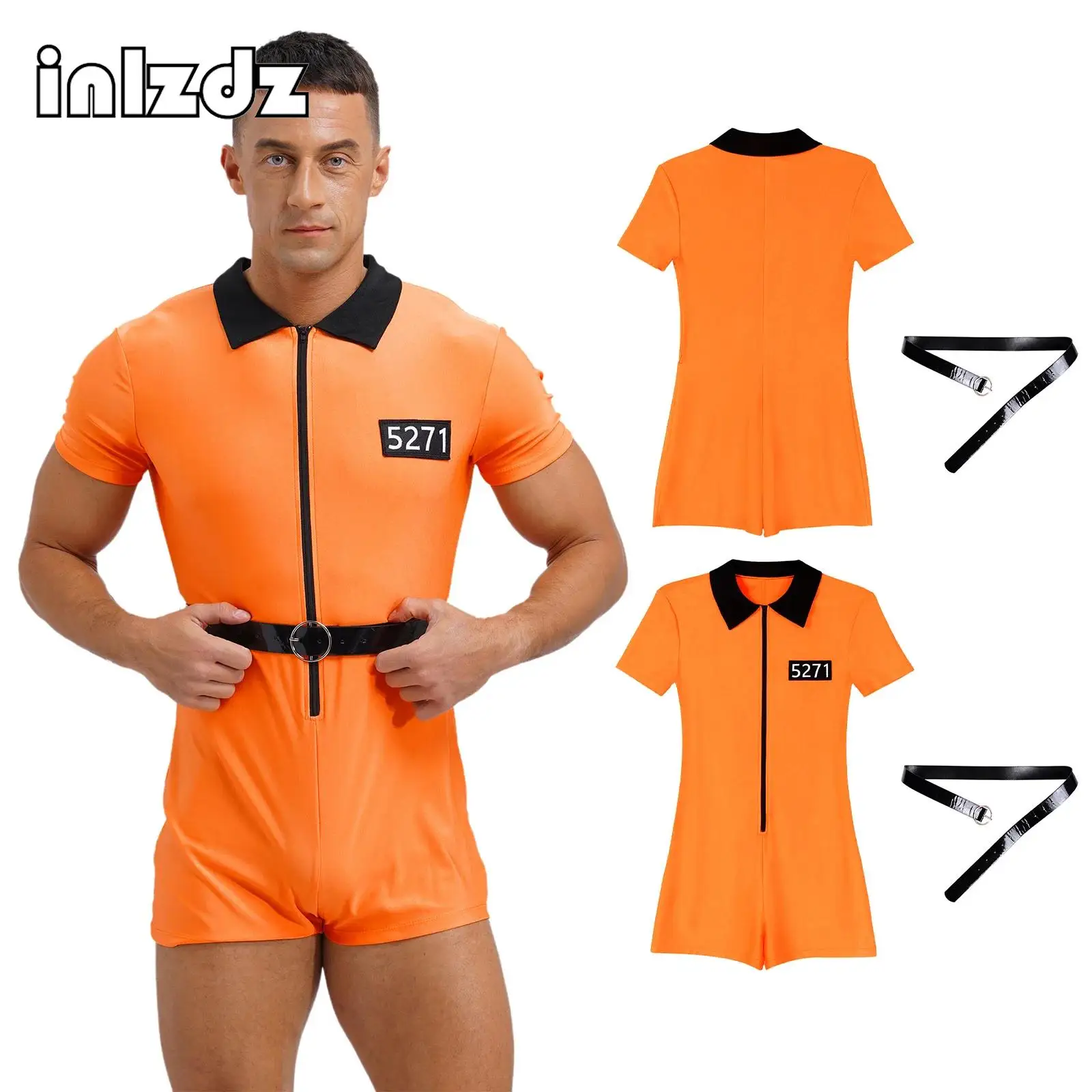 

Mens Prisoner Role Play Costume Fancy Ball Party Halloween Orange Jailbird Inmate Outfit Zipper Short Sleeve Jumpsuit with Belt