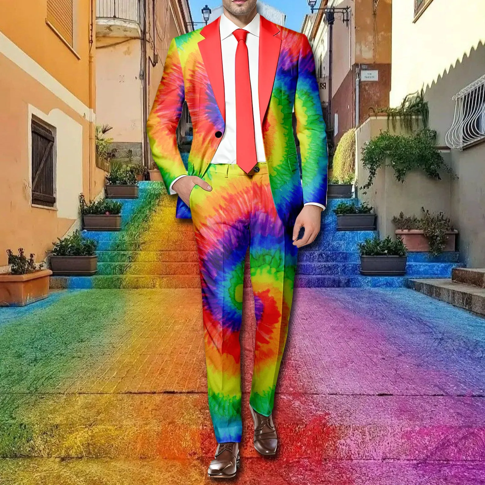 Rainbow Color Printed Men Suit 2 Piece Set Long Sleeve Blazer Coat And Pants Suit Button Jackets Holiday Party Wear Pant Suit