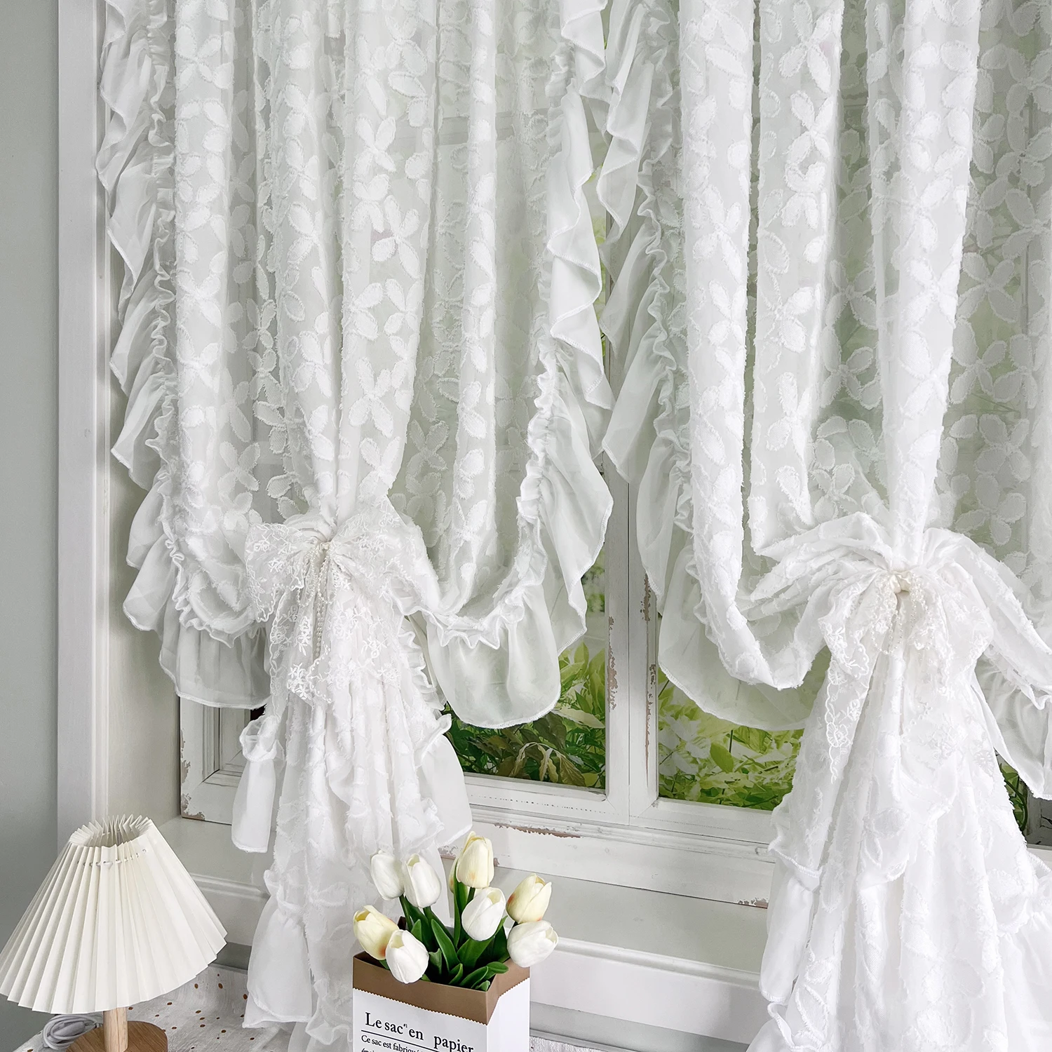 French Romantic Ruffle Design White Cut Flower Semi Sheer Curtains for Living Room, Bedroom Light Filtering Window Decor