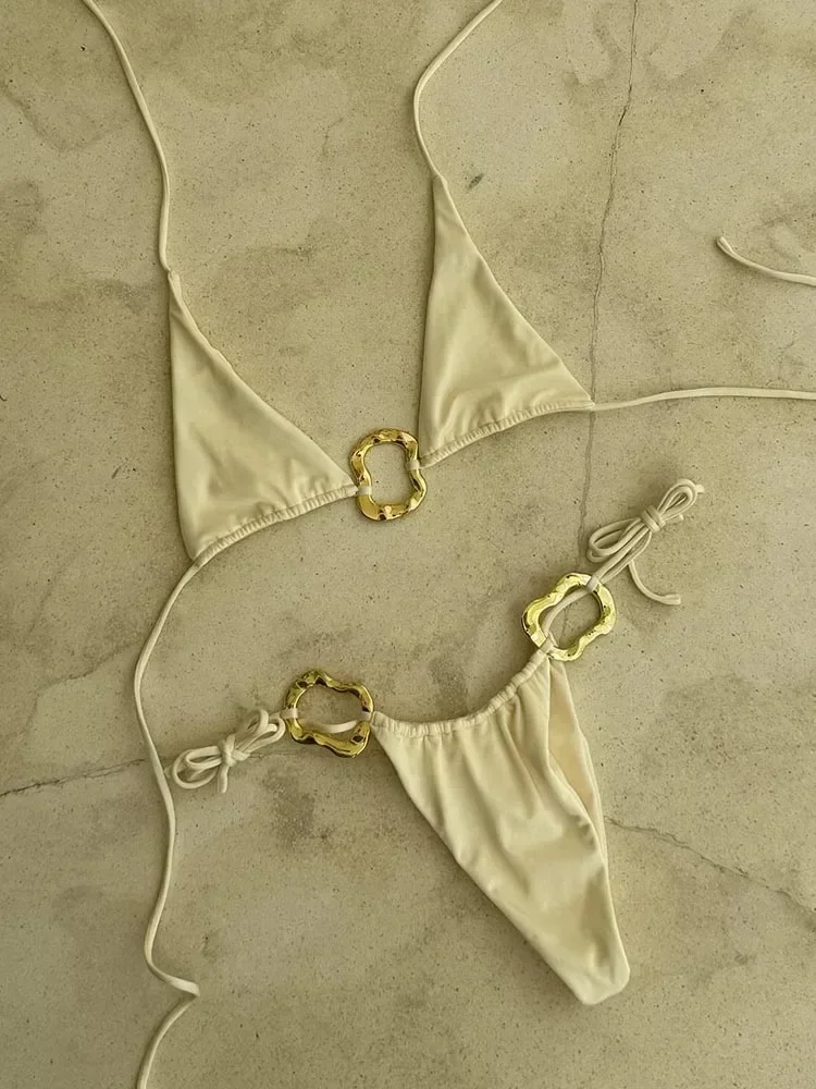OIINAA-traje de baño Sexy para mujer, conjunto de Bikini liso de cintura baja con estampado de anillo de Metal, ropa de playa con cordones, traje de baño de dos piezas