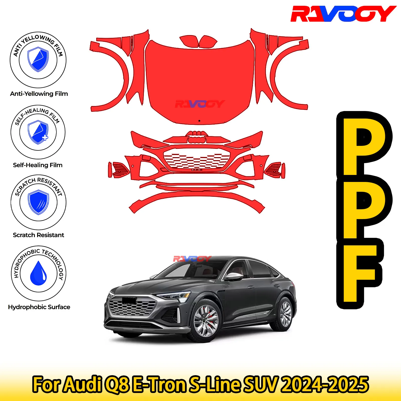 

For Audi Q8 E-Tron S-Line SUV 2024-2025 Glossy Matte Black Precut front PPF Kit Paint Protection Film