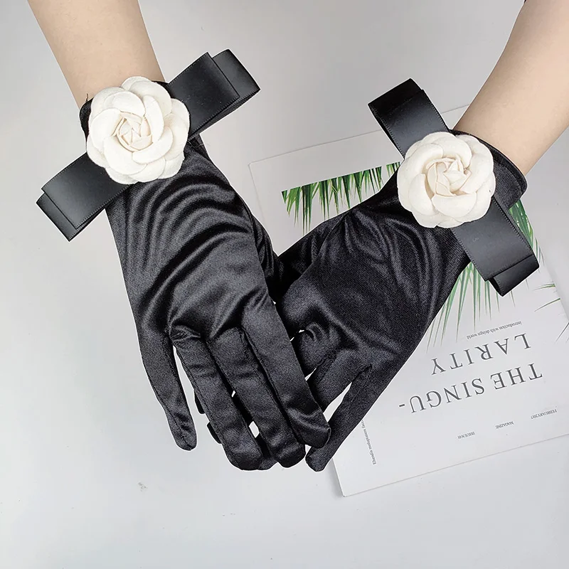 Korean Solid Color Bow Camellia Vintage Camellia Black Satin Gloves Hepburn Style Travel Photo Bride Wedding Dress Mittens S254