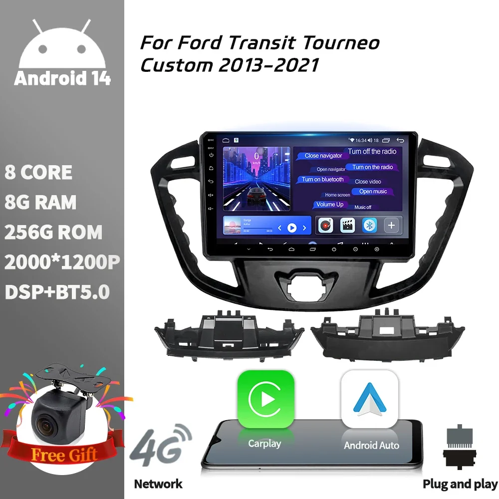 Android 14 สําหรับFord Transit Tourneo Custom 2013-2021 รถวิทยุนําทางมัลติมีเดียGPS Bluetooth Wirelss Carplayหน้าจอสัมผัส